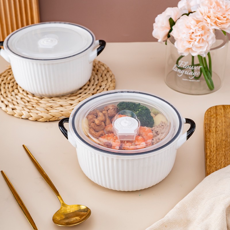 句途 双耳保鲜碗 日式陶瓷泡面杯带盖水果沙拉家用带手柄泡面碗早餐杯 6英寸双耳保鲜碗2个