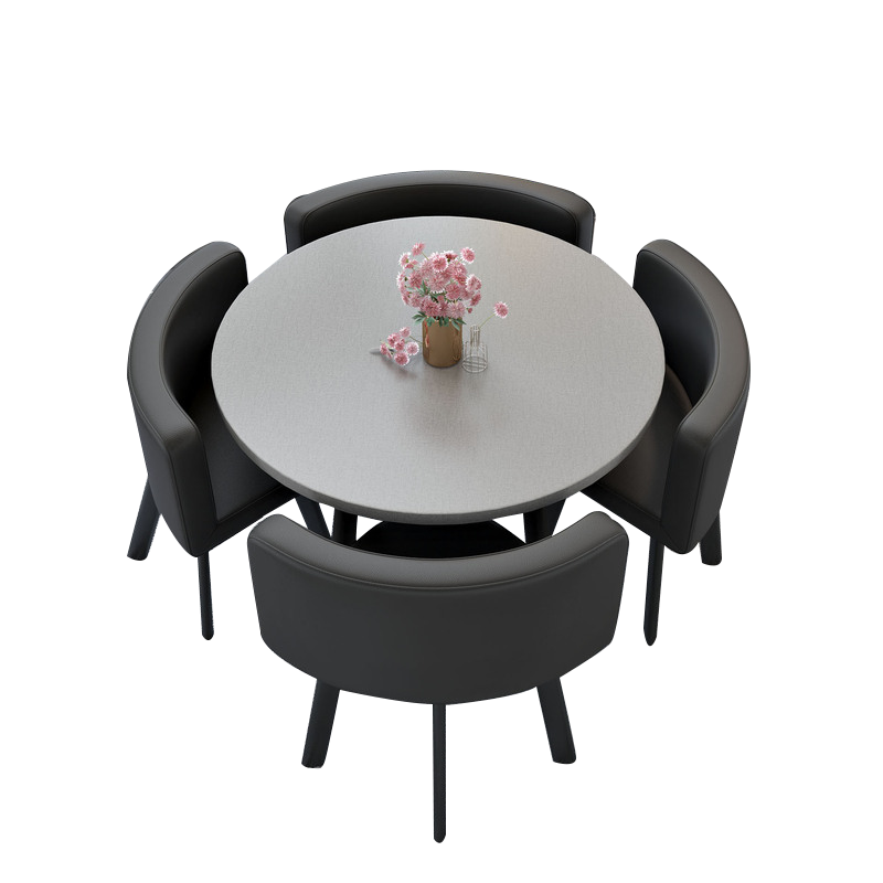 欧宝美洽谈桌椅组合会客办公室休闲咖啡厅小户型圆形接待桌椅一桌四椅灰色圆桌-黑色皮椅