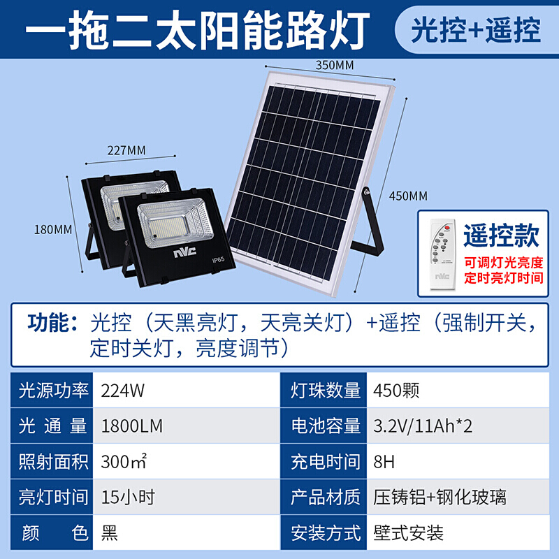 雷士照明（NVC）太阳能灯庭院灯户外防水路灯新农村工地厂房照明家用一拖二双头投光灯双头共224瓦遥控控制