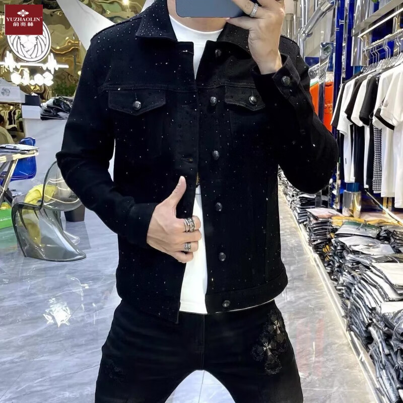 苏6同款外套苏六衣服秋季烫钻满星牛仔男欧版网红百搭休闲夹克 烫钻