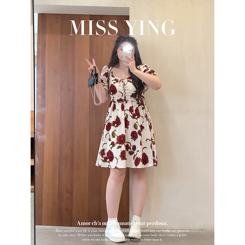 素优米（SUYOUMI）大码女装胖mm法式风情氛围感玫瑰碎花连衣裙女夏气质显瘦长裙子 花色短款 3XL 建议160-180斤