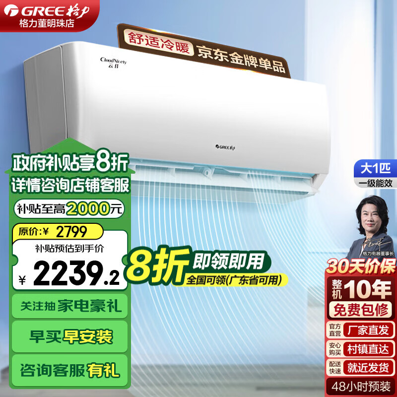 格力（GREE）【超级省电】云佳 大1匹新一级能效空调 壁挂式空调挂机 冷暖变频空调 56°C高温自清洁 大1匹 一级能效 云佳