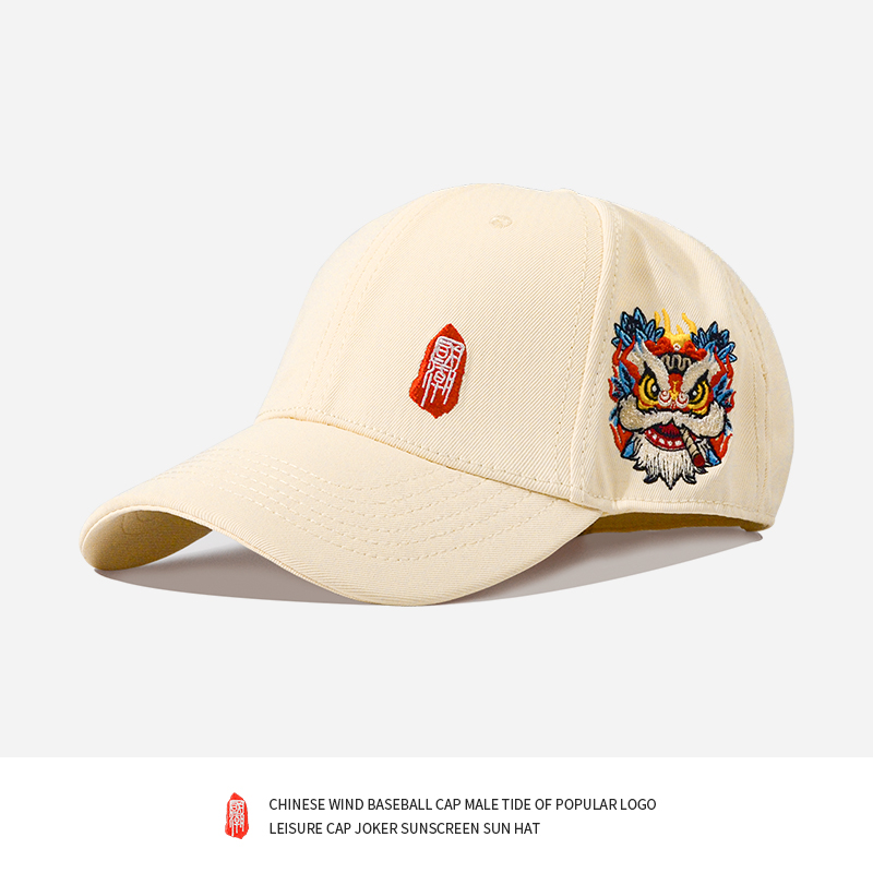 辉客映上国潮舞狮鸭舌帽中国风刺绣棒球帽硬顶帽子男女潮牌百搭酷潮