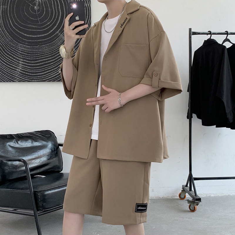 lei感男装夏季咖欺色小西服套装一套搭配帅气约会穿搭五分袖 卡其色