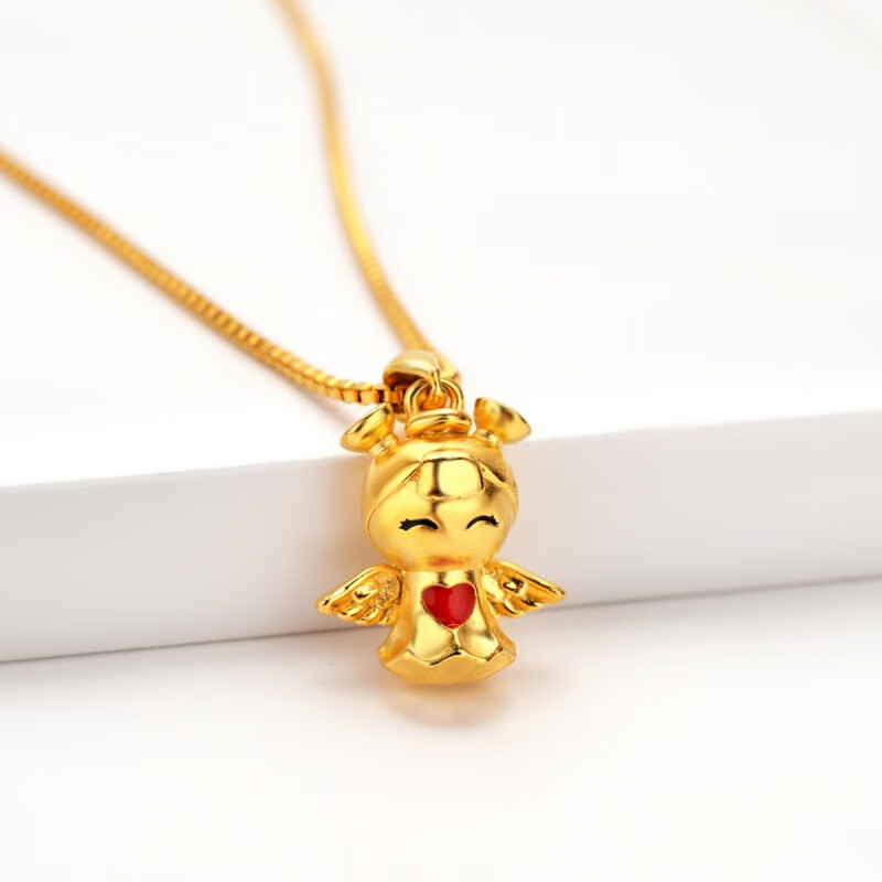 仿3D硬金滴油吊坠 小女孩天使挂坠 翅膀心形搭配锁骨链 沙金首饰 吊坠+限时送链