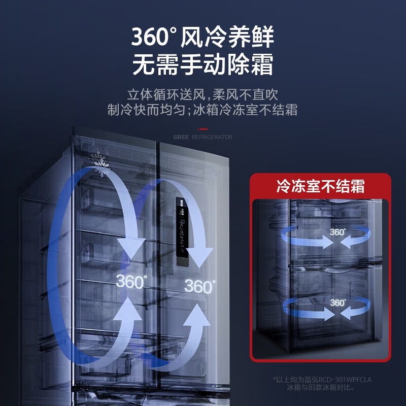格力(GREE)晶弘冰箱301升法式多门家用-33℃深冻储鲜n360度风冷养鲜节能变频BCD-301WPFCLA/深空银