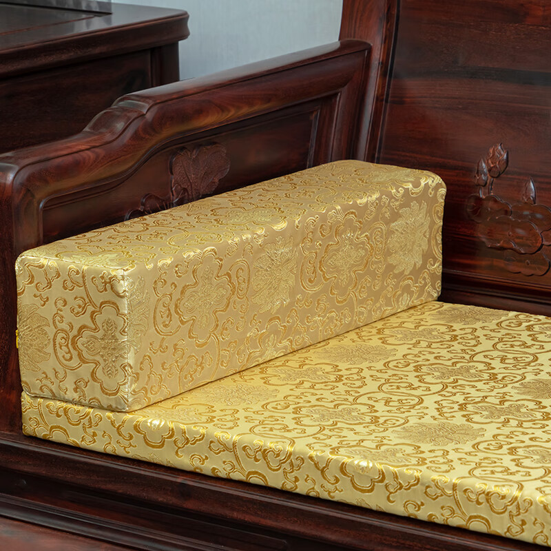 米向红木沙发扶手枕新中式古典方形枕实木沙发靠枕中国风罗汉床腰枕 富贵花金色扶手 14*14*50cm单个