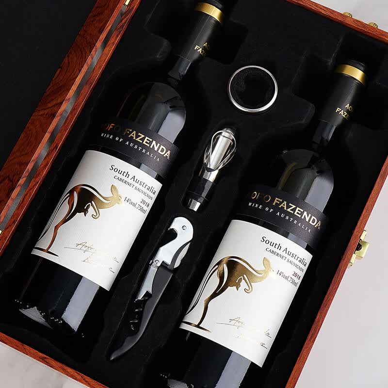 昂富庄园山东金袋鼠14度干红葡萄酒750ml 2瓶木盒礼盒装