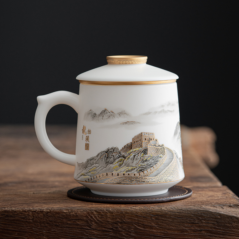茗山堂中国风羊脂玉瓷德化白瓷泡茶杯陶瓷带盖过滤办公家用礼品送老板 海川杯-万里江山-水墨款
