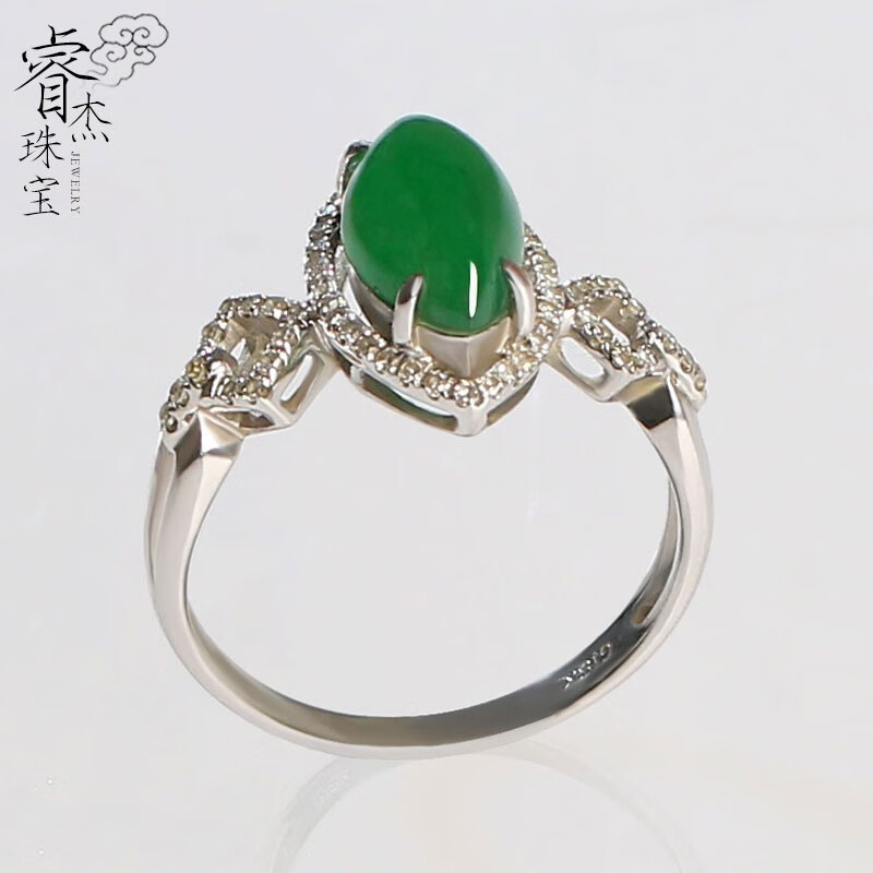 睿杰珠宝孤品翡翠a货女款戒指高冰满阳绿菱形18k金镶嵌女戒指环节日