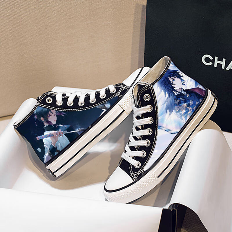 鬼灭之刃手绘高帮帆布鞋男女春秋新款情侣款板鞋动漫周边学生布鞋 光
