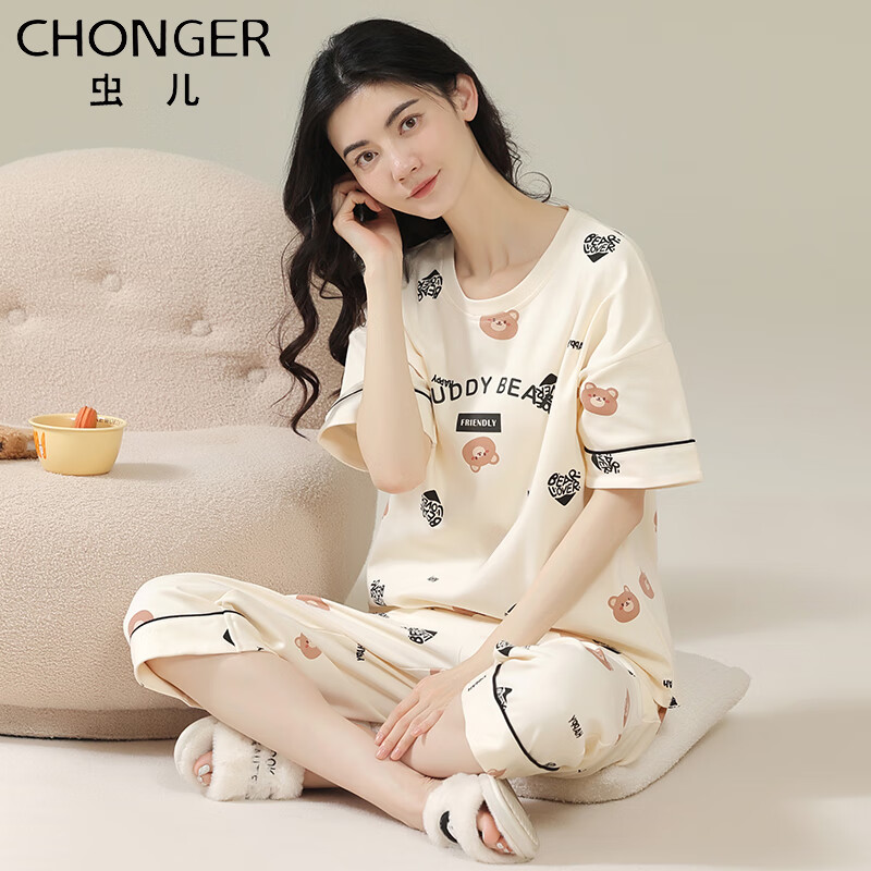 虫儿女士睡衣女夏季100%纯棉短袖七分裤圆领套装学生短裤家居服可外穿