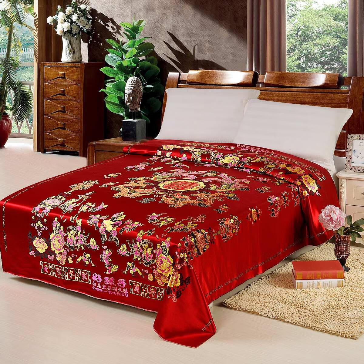 老式丝绸被面杭州织锦缎子绸缎面软缎龙凤百子结婚庆喜被软缎 红色