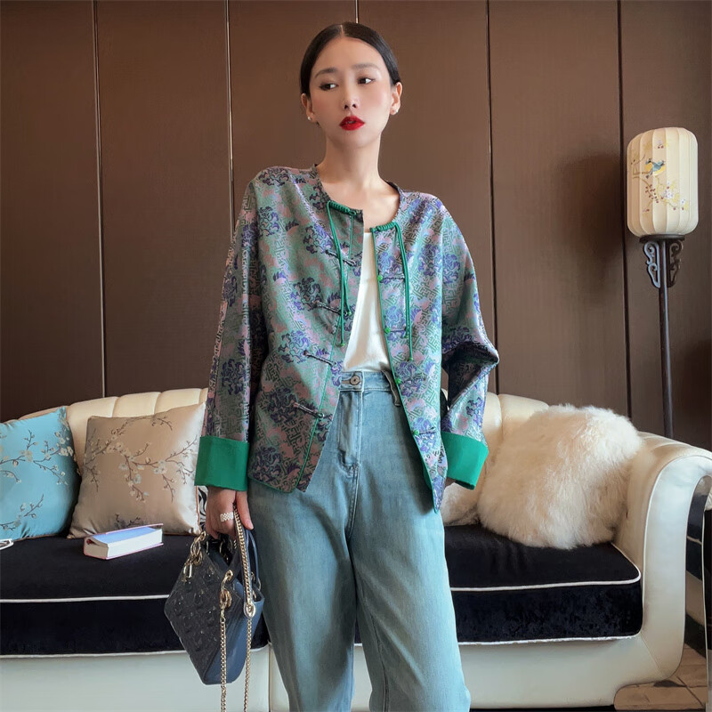 花影妖妖 FAYINYOO東方簡奢風真絲宋錦新中式外套女圓領流蘇盤扣對襟寬松上衣H3491 藍綠花 2XL