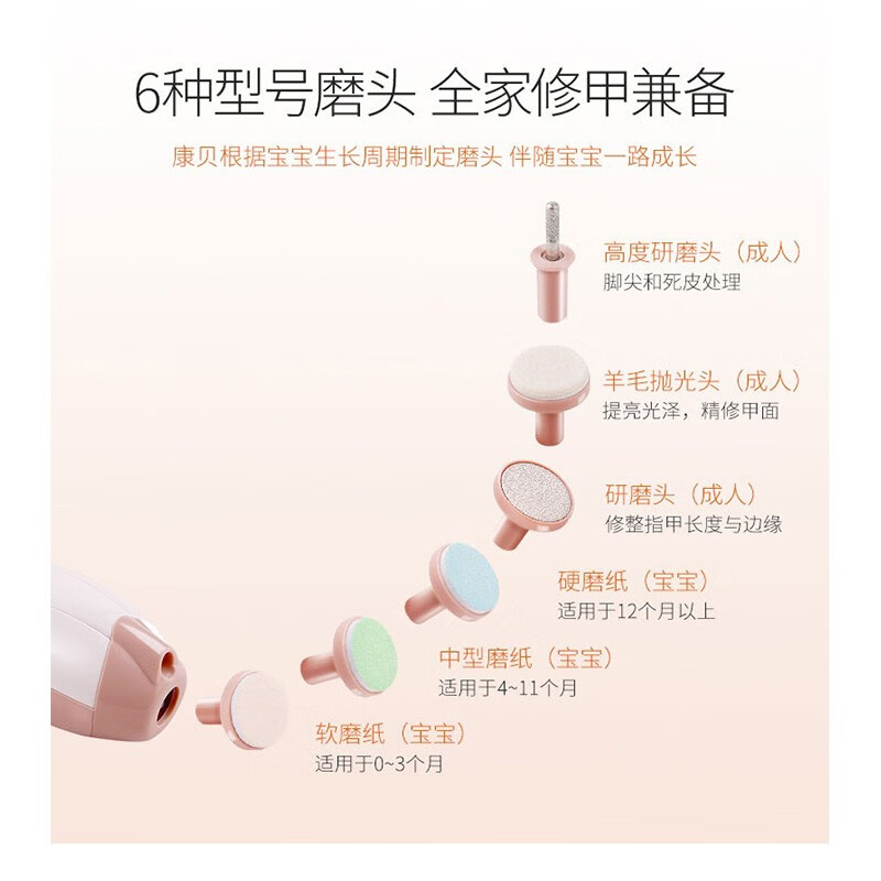 Combi康贝新生儿婴儿电动磨甲器静音带夜灯调速磨头套装安全自动停 label 粉红色(PI)
