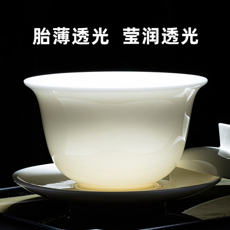 白瓷功夫茶具套装家用侧把德化高白玉瓷泡茶壶盖碗茶杯茶洗整套陶瓷描金 15头汉白玉(侧/木)+8罗汉杯