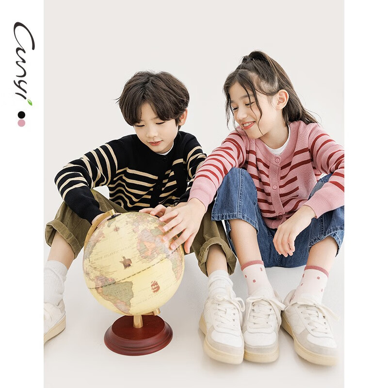 纯一良品（CUNYI）童装儿童针织开衫男童毛衣秋季新款中大童百搭撞色条纹外套 黑色条纹 140 cm