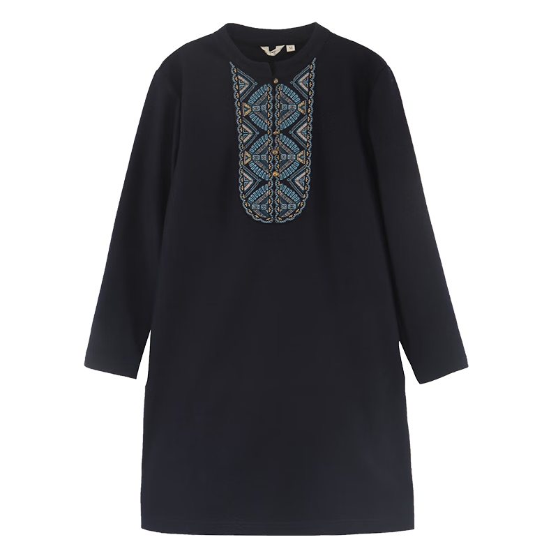 布符（Cloth Fu） 布符2024秋冬新款原創(chuàng)設(shè)計(jì)綿羊毛繡花寬松中式領(lǐng)套頭襯衫女 藏青色 2XL