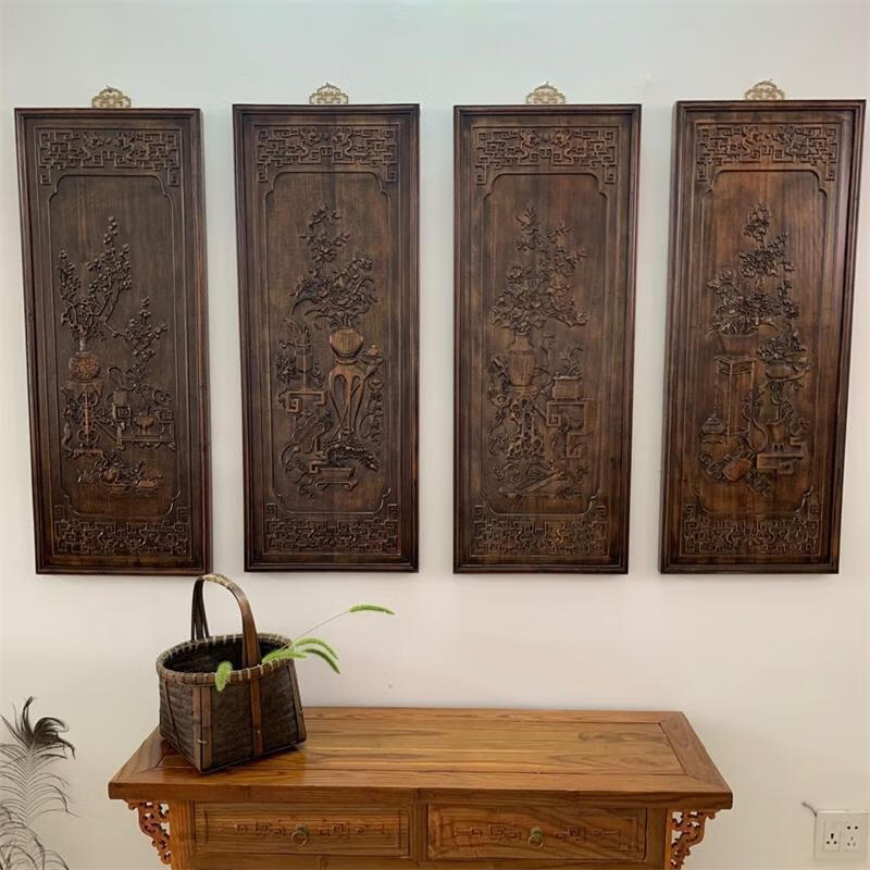 宏火閣禮品 東陽(yáng)木雕掛片香樟木精雕浮雕四條屏掛件仿古牌匾中式客廳背 花開富貴(99*38.5*3.5)