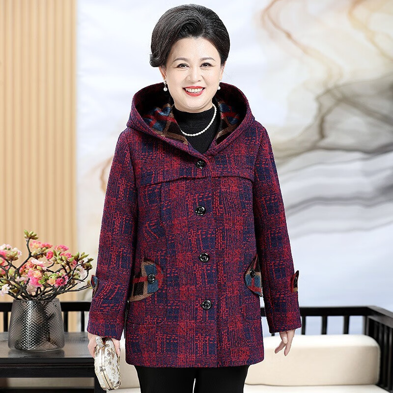 呢外套加肥加大秋冬季胖妈妈宽松连帽厚款上衣中老年时尚百搭大码女装