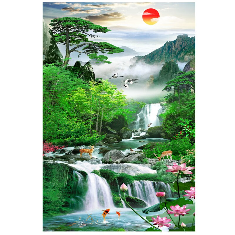 元族竖版流水生财风景壁画客厅背景墙海报装饰画青山绿水招财自粘贴画