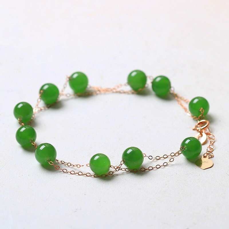 合峰a玉 新品 天然和田玉脚链 碧玉18k金镶嵌玉石手串 送女友生日礼物