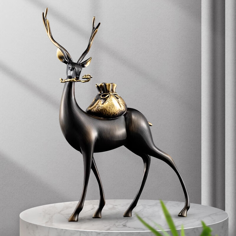 书架电视柜办公室桌面轻奢高档摆件 青古拉丝全铜《财鹿亨通》一只