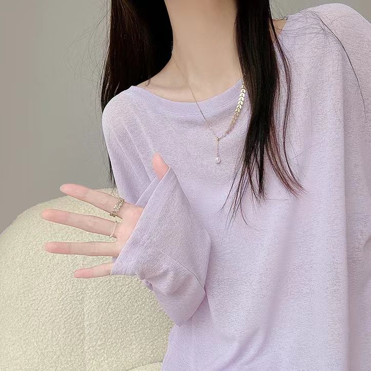 楓瀟瀟套頭防曬衫針織寬松白色t恤長袖防曬罩衫女夏季冰絲打底衫薄款透 紫色 M 建議80-100斤