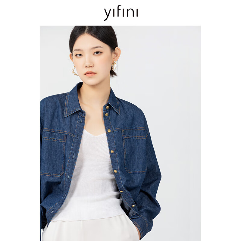 易菲（YIFINI）寬松短款牛仔外套翻領(lǐng)牛仔衣女秋季新款抽繩上衣B08C3920 藍(lán)色 0L