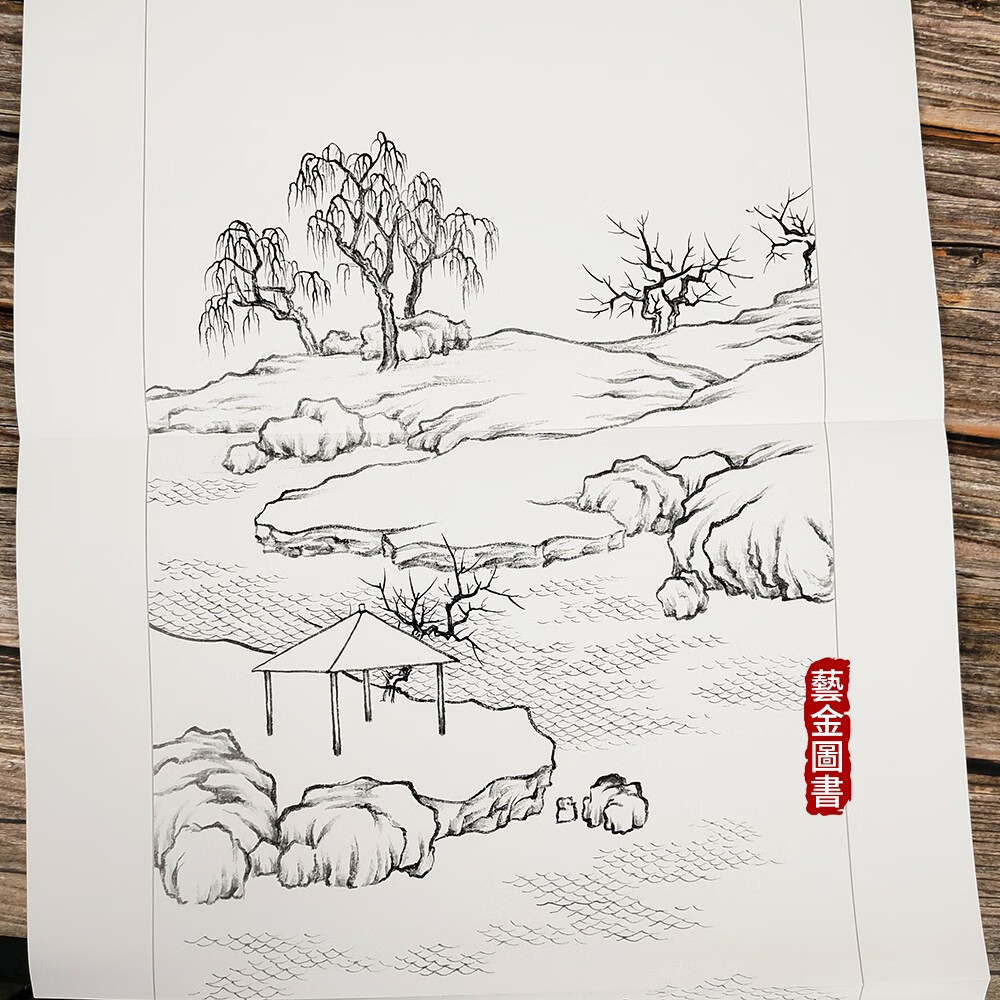 设色条屏古典山水 实用原大白描 贾志发编绘山水画国画技法 天津杨柳