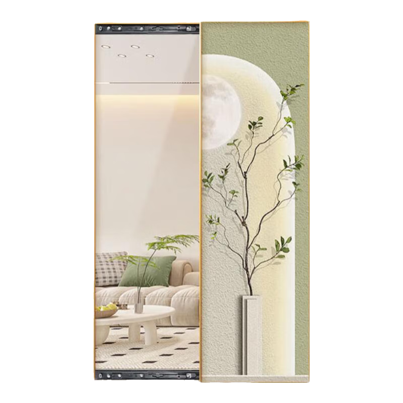 好久不見(jiàn)玄關(guān)推拉式全身鏡裝飾畫(huà)隱藏式穿衣鏡綠植走廊臥室可關(guān)閉隱形鏡子 光影隨風(fēng)-C款 50*160cm油畫(huà)布右推拉金色金屬框