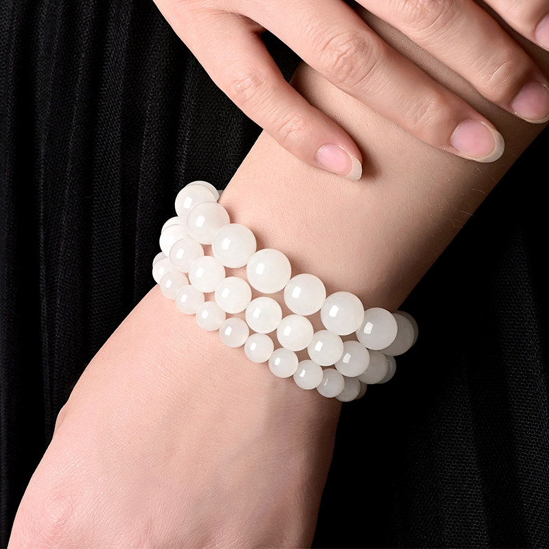 宛喜 和田玉手链男女情侣款天然羊脂白玉圆珠单圈玉石手串配珠证书