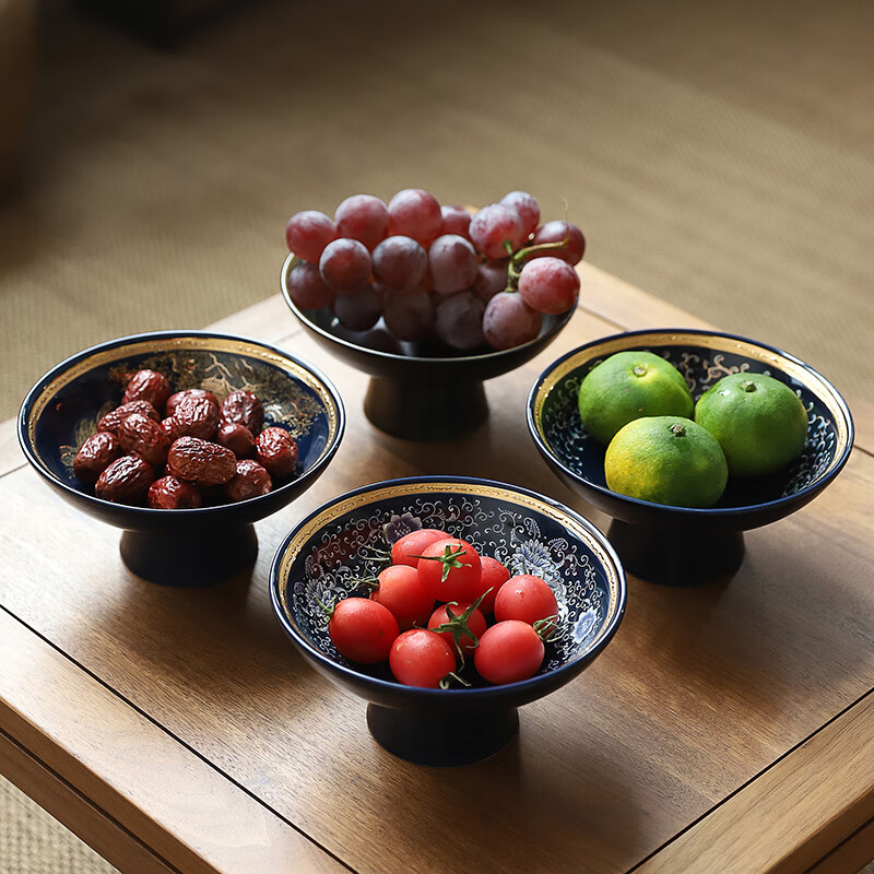 嘉际围炉煮茶果盘茶点盘青花陶瓷高脚茶点盘干果盘中式禅意点心盘供盘