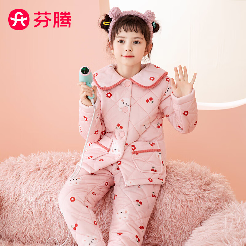 芬騰兒童睡衣女大童夾棉親子秋冬娃娃領(lǐng)暖絨防靜電家居服Q9J2470225
