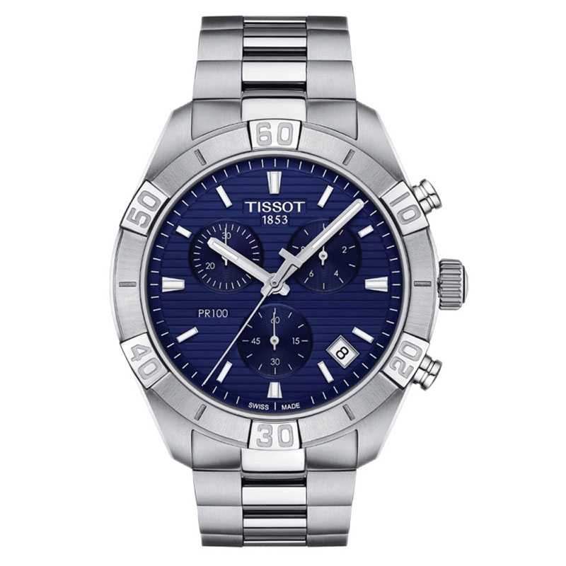 天梭（TISSOT）瑞士手表 新品PR100運動(dòng)系列三眼浮雕條紋盤(pán)夜光石英男士腕表 藍盤(pán)鋼帶 T101.617.11.041.00
