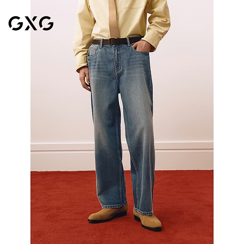 GXG男装 宽松直筒复古蓝直筒牛仔裤分割设计长裤通勤裤 2025春季 蓝色 M (30)
