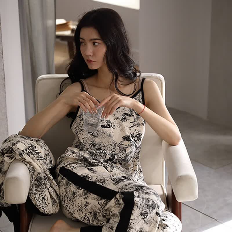 俞兆林【礼盒四件套】睡衣女春夏冰丝2026新款套装吊带可外穿家居服 水墨画【冰丝四件套】 L 【推荐80-120斤】