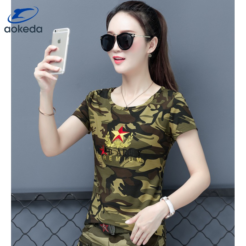 kiliveng迷彩服短袖女装夏季新款修身圆领条纹t恤户外时尚显瘦短裤两