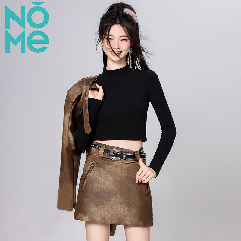 NOME打底衫女秋季新款短款小高領(lǐng)露臍打底長袖 黑色 L【96-106斤】 