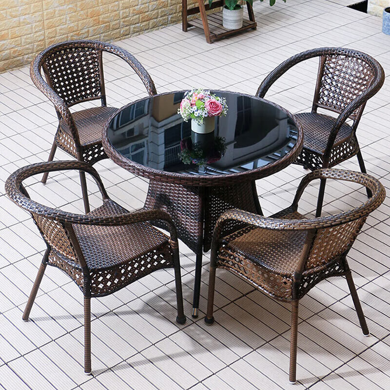 茗仕居 户外阳台桌椅藤椅三件套室外庭院藤编椅子花园露天休闲小茶几组合F-01 0.9米编藤圆桌配4椅