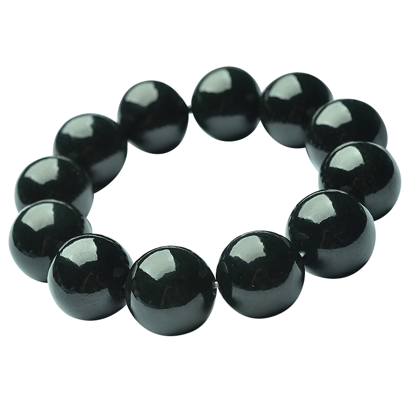 映和 新疆和田玉墨玉手串男士墨青玉圓佛珠串玉石手鏈女情侶款轉運 附證書(shū) 珠子大小20mm