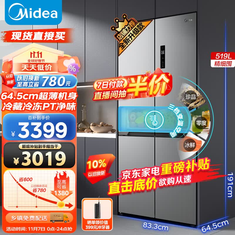 美的（Midea）519升一级能效双变频十字对开双开四开多门大容量风冷无霜家用电冰箱超薄MR-545WSPZE使用感如何?