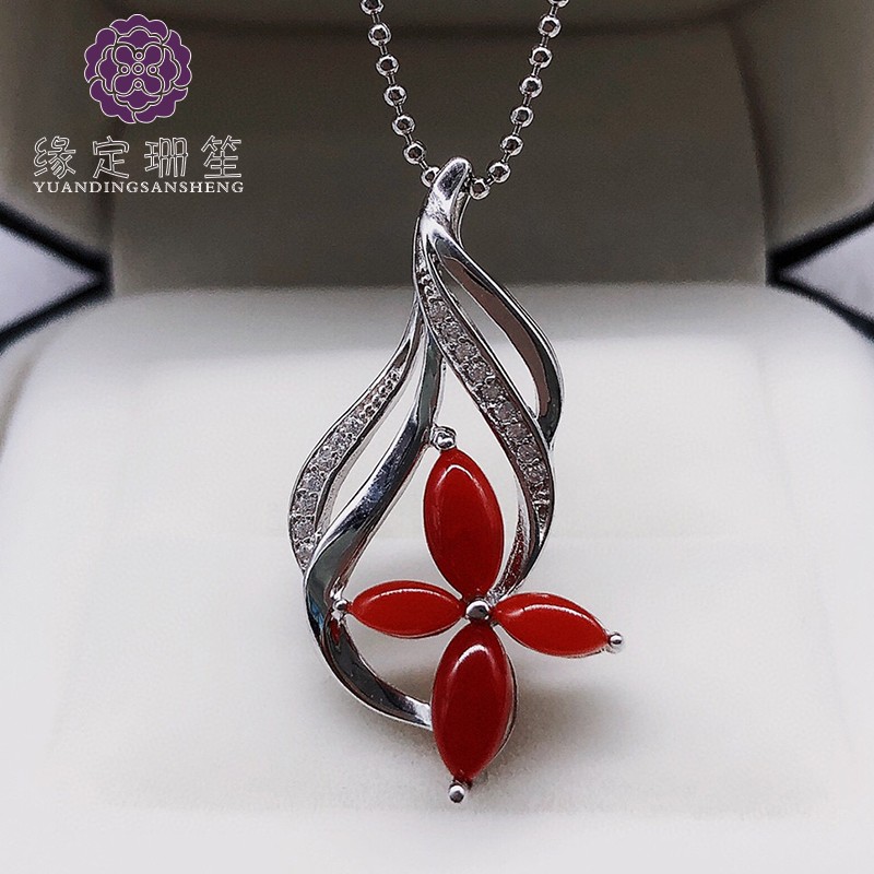 缘定珊笙日本阿卡吊坠红色珊瑚925银吊坠时尚中国风珠宝礼物本命年