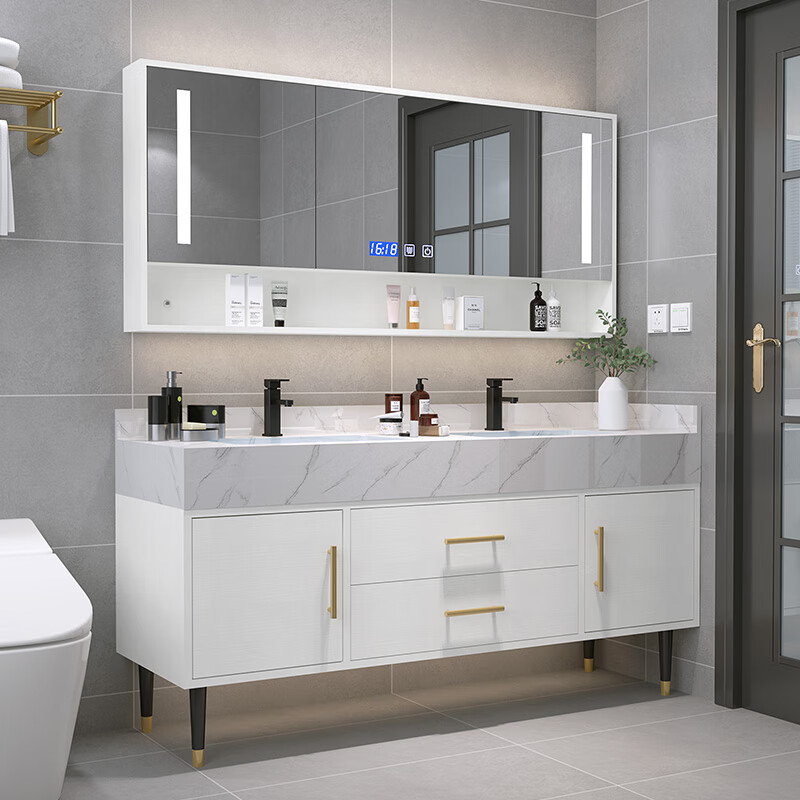 现代简约岩板浴室柜组合双盆洗漱台卫生间洗脸盆洗手台盆镜柜套装