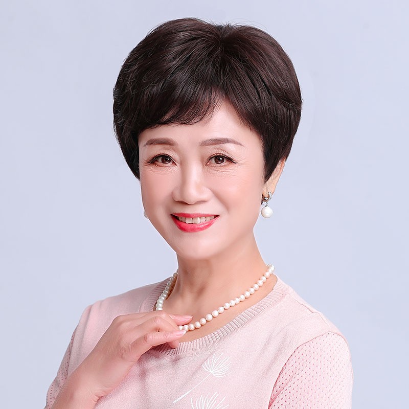 艾丝菲 全真人发丝妈妈中老年假发短发女夏直发款整顶透气年轻时尚发