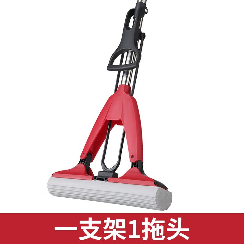 美丽雅对折胶棉地拖家用厨房浴室吸水拖把懒人免手洗墩布拖地神器一拖净 普通杆不可伸缩共1拖头28CM