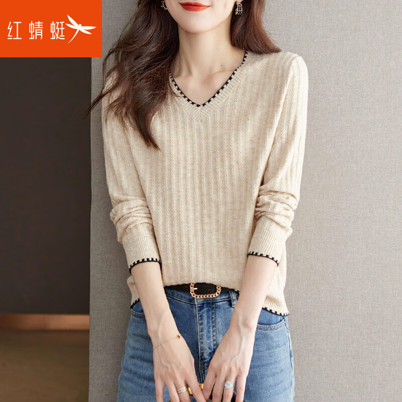 红蜻蜓2026春秋长袖t恤女打底衫新款洋气减龄宽松上衣v领针织衫内搭小衫 杏色长袖 均码 【适合80-145斤】
