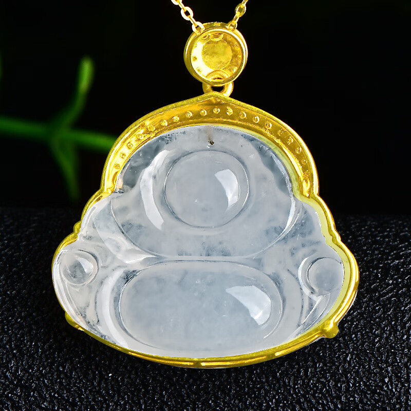 可玉可求翡翠玉佛吊坠女 18K金镶嵌玉石锁骨链 寓意喜乐安康 款八 B1255q