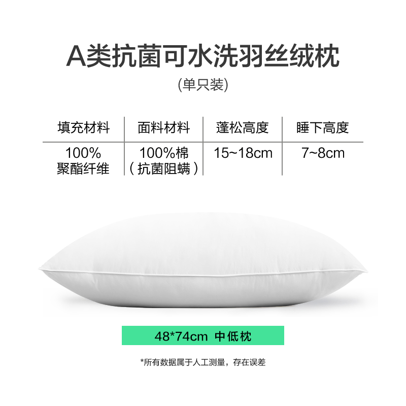 网易严选 可水洗懒人枕 A类抗菌阻螨 全枕可机洗 亲肤柔软 免枕套更省心 中低枕800g白色