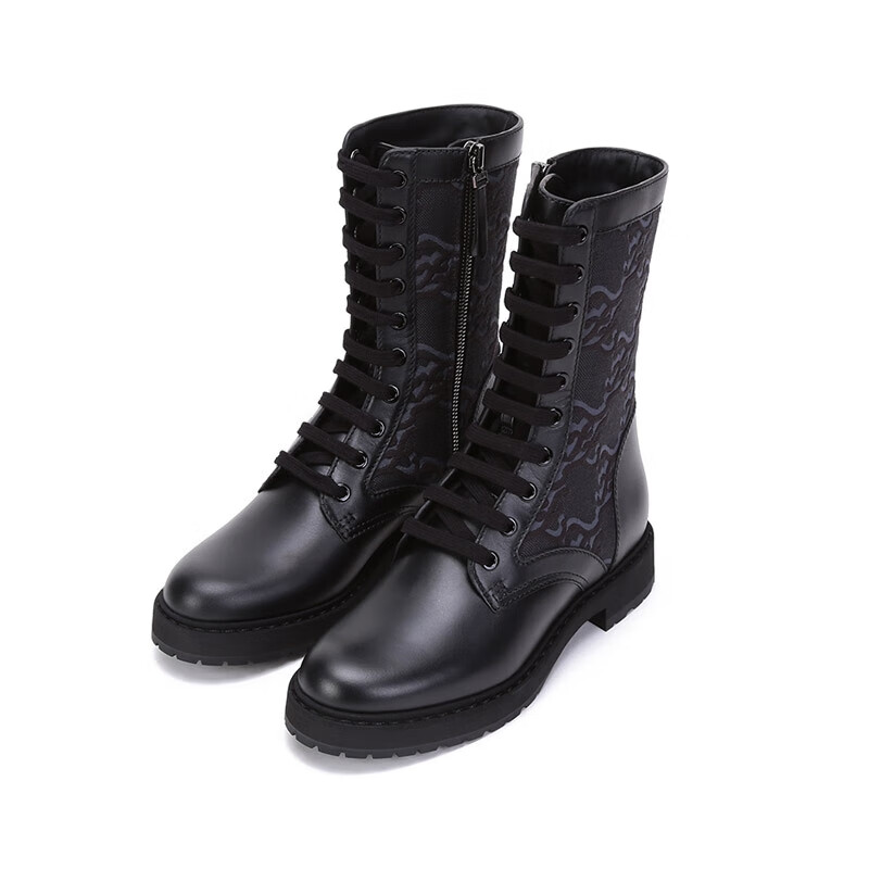 芬迪（FENDI）女士織物配皮Signature騎士短靴女鞋禮物女 8T8213 AGEJ F1OS5 黑色FFKarligraphy刺繡 37